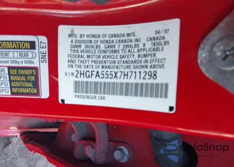 2007 Honda Civic Si из США, поврежденный, VIN 2HGFA555X7H711298